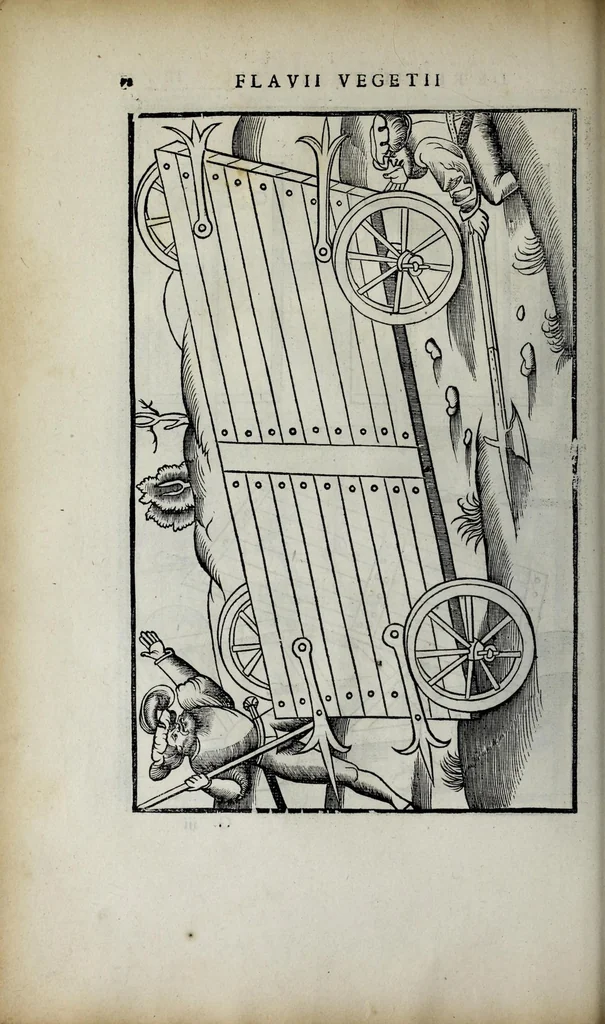 An illustration from Fl. Vegetii Renati viri illustris De re militari libri quatuor. Sexti Ivlii Frontini viri consvlaris De strategematis libri totidem. Aeliani De instruendis aciebus liber unvs. Modesti De vocabulis rei militaris liber vnus : item picturae bellicae cxx passim Vegetio adiectae, 1535, leaf 94