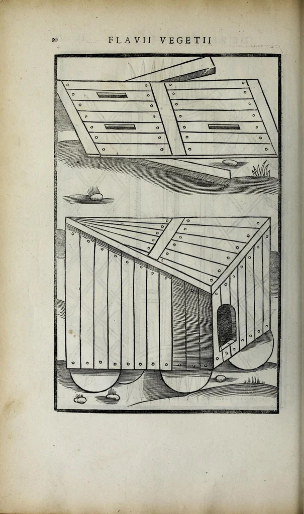 An illustration from Fl. Vegetii Renati viri illustris De re militari libri quatuor. Sexti Ivlii Frontini viri consvlaris De strategematis libri totidem. Aeliani De instruendis aciebus liber unvs. Modesti De vocabulis rei militaris liber vnus : item picturae bellicae cxx passim Vegetio adiectae, 1535, leaf 96