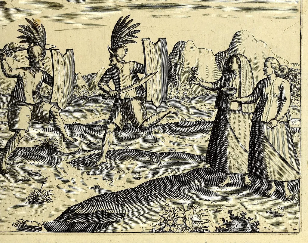 An illustration from Fünfter Theil der Orientalischen Indien, eygentlicher Bericht vnd warhafftige Beschreibung der gantzen volkommenen Reyse oder Schiffart, so die Holländer mit acht Schiffen in die Orientalische Indien, sonderlich aber in die Javanische vnd Molukische Inseln, als Bantam, Banda, vnd Ternate, &c. gethan haben, welche von Amsterdam abgefahren im Jahr 1598. vnd zum Theil Anno 1599. zum Theil aber in Jüngst abgelauffenen 1600. Jahr, : mit grossen Reichthumb von Pfeffer Muscaten, Regelein, vnd anderer köstlichen Würtz, wider anheym gelanget, darinn fleissig beschrieben vnd angezeigt, was ihnen auff der gantzen Reyse Denckwürdiges begegnet vnd zuhanden gangen., 1601, leaf 113