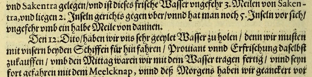 An illustration from Fünfter Theil der Orientalischen Indien, eygentlicher Bericht vnd warhafftige Beschreibung der gantzen volkommenen Reyse oder Schiffart, so die Holländer mit acht Schiffen in die Orientalische Indien, sonderlich aber in die Javanische vnd Molukische Inseln, als Bantam, Banda, vnd Ternate, &c. gethan haben, welche von Amsterdam abgefahren im Jahr 1598. vnd zum Theil Anno 1599. zum Theil aber in Jüngst abgelauffenen 1600. Jahr, : mit grossen Reichthumb von Pfeffer Muscaten, Regelein, vnd anderer köstlichen Würtz, wider anheym gelanget, darinn fleissig beschrieben vnd angezeigt, was ihnen auff der gantzen Reyse Denckwürdiges begegnet vnd zuhanden gangen., 1601, leaf 30
