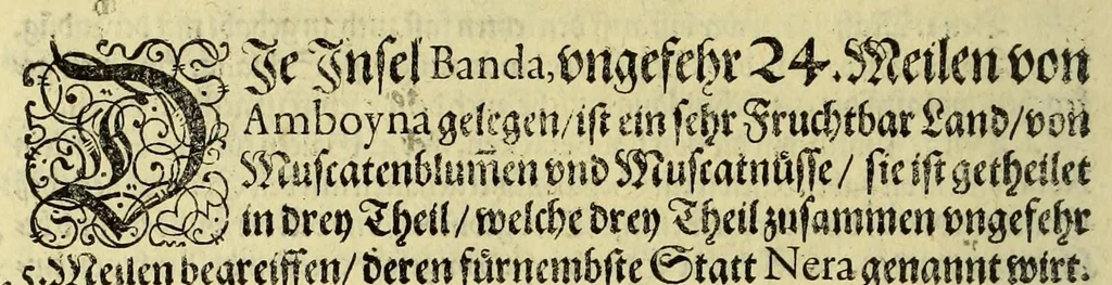 An illustration from Fünfter Theil der Orientalischen Indien, eygentlicher Bericht vnd warhafftige Beschreibung der gantzen volkommenen Reyse oder Schiffart, so die Holländer mit acht Schiffen in die Orientalische Indien, sonderlich aber in die Javanische vnd Molukische Inseln, als Bantam, Banda, vnd Ternate, &c. gethan haben, welche von Amsterdam abgefahren im Jahr 1598. vnd zum Theil Anno 1599. zum Theil aber in Jüngst abgelauffenen 1600. Jahr, : mit grossen Reichthumb von Pfeffer Muscaten, Regelein, vnd anderer köstlichen Würtz, wider anheym gelanget, darinn fleissig beschrieben vnd angezeigt, was ihnen auff der gantzen Reyse Denckwürdiges begegnet vnd zuhanden gangen., 1601, leaf 48