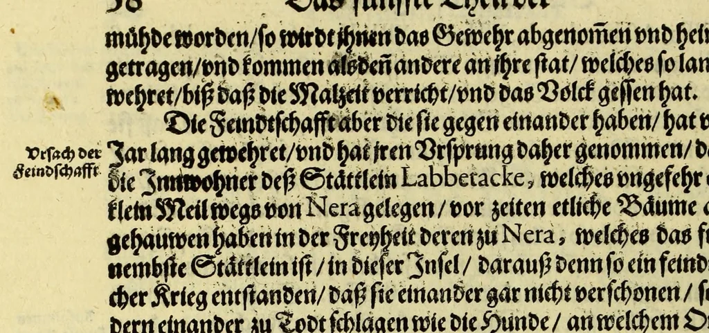 An illustration from Fünfter Theil der Orientalischen Indien, eygentlicher Bericht vnd warhafftige Beschreibung der gantzen volkommenen Reyse oder Schiffart, so die Holländer mit acht Schiffen in die Orientalische Indien, sonderlich aber in die Javanische vnd Molukische Inseln, als Bantam, Banda, vnd Ternate, &c. gethan haben, welche von Amsterdam abgefahren im Jahr 1598. vnd zum Theil Anno 1599. zum Theil aber in Jüngst abgelauffenen 1600. Jahr, : mit grossen Reichthumb von Pfeffer Muscaten, Regelein, vnd anderer köstlichen Würtz, wider anheym gelanget, darinn fleissig beschrieben vnd angezeigt, was ihnen auff der gantzen Reyse Denckwürdiges begegnet vnd zuhanden gangen., 1601, leaf 50
