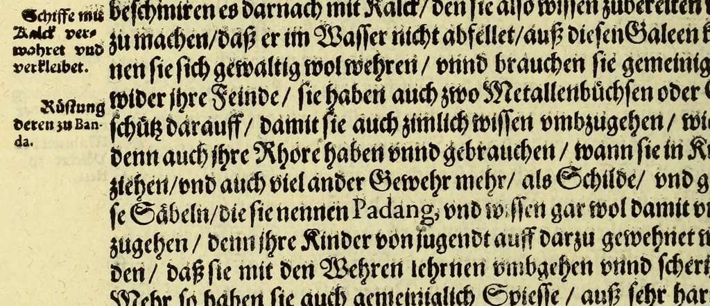 An illustration from Fünfter Theil der Orientalischen Indien, eygentlicher Bericht vnd warhafftige Beschreibung der gantzen volkommenen Reyse oder Schiffart, so die Holländer mit acht Schiffen in die Orientalische Indien, sonderlich aber in die Javanische vnd Molukische Inseln, als Bantam, Banda, vnd Ternate, &c. gethan haben, welche von Amsterdam abgefahren im Jahr 1598. vnd zum Theil Anno 1599. zum Theil aber in Jüngst abgelauffenen 1600. Jahr, : mit grossen Reichthumb von Pfeffer Muscaten, Regelein, vnd anderer köstlichen Würtz, wider anheym gelanget, darinn fleissig beschrieben vnd angezeigt, was ihnen auff der gantzen Reyse Denckwürdiges begegnet vnd zuhanden gangen., 1601, leaf 50