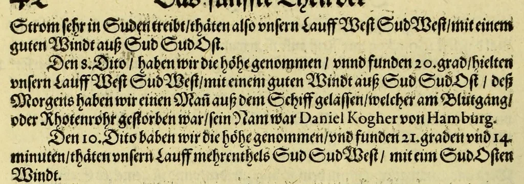 An illustration from Fünfter Theil der Orientalischen Indien, eygentlicher Bericht vnd warhafftige Beschreibung der gantzen volkommenen Reyse oder Schiffart, so die Holländer mit acht Schiffen in die Orientalische Indien, sonderlich aber in die Javanische vnd Molukische Inseln, als Bantam, Banda, vnd Ternate, &c. gethan haben, welche von Amsterdam abgefahren im Jahr 1598. vnd zum Theil Anno 1599. zum Theil aber in Jüngst abgelauffenen 1600. Jahr, : mit grossen Reichthumb von Pfeffer Muscaten, Regelein, vnd anderer köstlichen Würtz, wider anheym gelanget, darinn fleissig beschrieben vnd angezeigt, was ihnen auff der gantzen Reyse Denckwürdiges begegnet vnd zuhanden gangen., 1601, leaf 56