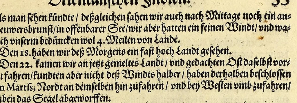 An illustration from Fünfter Theil der Orientalischen Indien, eygentlicher Bericht vnd warhafftige Beschreibung der gantzen volkommenen Reyse oder Schiffart, so die Holländer mit acht Schiffen in die Orientalische Indien, sonderlich aber in die Javanische vnd Molukische Inseln, als Bantam, Banda, vnd Ternate, &c. gethan haben, welche von Amsterdam abgefahren im Jahr 1598. vnd zum Theil Anno 1599. zum Theil aber in Jüngst abgelauffenen 1600. Jahr, : mit grossen Reichthumb von Pfeffer Muscaten, Regelein, vnd anderer köstlichen Würtz, wider anheym gelanget, darinn fleissig beschrieben vnd angezeigt, was ihnen auff der gantzen Reyse Denckwürdiges begegnet vnd zuhanden gangen., 1601, leaf 69