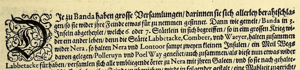 An illustration from Fünfter Theil der Orientalischen Indien, eygentlicher Bericht vnd warhafftige Beschreibung der gantzen volkommenen Reyse oder Schiffart, so die Holländer mit acht Schiffen in die Orientalische Indien, sonderlich aber in die Javanische vnd Molukische Inseln, als Bantam, Banda, vnd Ternate, &c. gethan haben, welche von Amsterdam abgefahren im Jahr 1598. vnd zum Theil Anno 1599. zum Theil aber in Jüngst abgelauffenen 1600. Jahr, : mit grossen Reichthumb von Pfeffer Muscaten, Regelein, vnd anderer köstlichen Würtz, wider anheym gelanget, darinn fleissig beschrieben vnd angezeigt, was ihnen auff der gantzen Reyse Denckwürdiges begegnet vnd zuhanden gangen., 1601, leaf 99