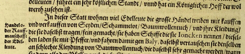 An illustration from Fünfter Theil der Orientalischen Indien, eygentlicher Bericht vnd warhafftige Beschreibung der gantzen volkommenen Reyse oder Schiffahrt, so die Holländer mit 8. Schiffen in die Orientalische Indien, sond[er]lich aber in die Javanische vnd Molukische Inseln, als Bantam, Banda, vnnd Ternate, &c. gethan haben, welche von Amsterdam abgefahren im Jahr 1598. vnnd zum Theil Anno 1599. zum Theil aber in Jüngst abgelauffenen 1600. Jahr, : mit grossen Reichthumb von Pfeffer, Muscaten, Regelein, vnd anderer köstlichen Würtz, wid anheym gelanget, darinn fleissig beschrieben vnd angezeigt, w[a]z ihnen auff der gantzen Reyse Denckwürdiges begegnet vnd zuhanden gangen., 1623, leaf 24