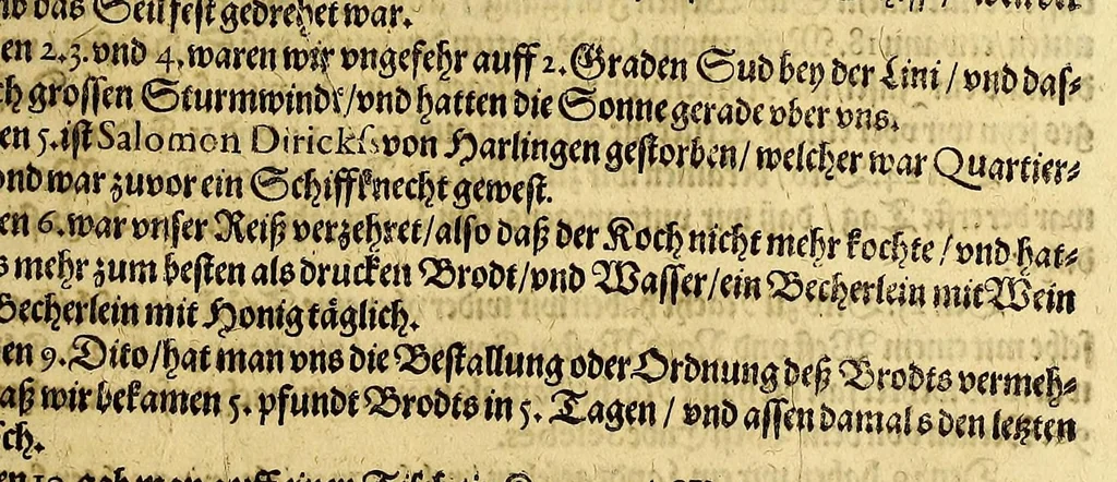 An illustration from Fünfter Theil der Orientalischen Indien, eygentlicher Bericht vnd warhafftige Beschreibung der gantzen volkommenen Reyse oder Schiffahrt, so die Holländer mit 8. Schiffen in die Orientalische Indien, sond[er]lich aber in die Javanische vnd Molukische Inseln, als Bantam, Banda, vnnd Ternate, &c. gethan haben, welche von Amsterdam abgefahren im Jahr 1598. vnnd zum Theil Anno 1599. zum Theil aber in Jüngst abgelauffenen 1600. Jahr, : mit grossen Reichthumb von Pfeffer, Muscaten, Regelein, vnd anderer köstlichen Würtz, wid anheym gelanget, darinn fleissig beschrieben vnd angezeigt, w[a]z ihnen auff der gantzen Reyse Denckwürdiges begegnet vnd zuhanden gangen., 1623, leaf 53