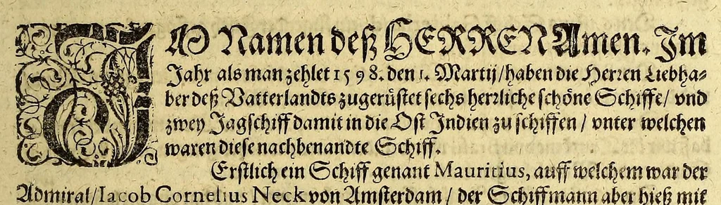 An illustration from Fünfter Theil der Orientalischen Indien, eygentlicher Bericht vnd warhafftige Beschreibung der gantzen volkommenen Reyse oder Schiffahrt, so die Holländer mit 8. Schiffen in die Orientalische Indien, sond[er]lich aber in die Javanische vnd Molukische Inseln, als Bantam, Banda, vnnd Ternate, &c. gethan haben, welche von Amsterdam abgefahren im Jahr 1598. vnnd zum Theil Anno 1599. zum Theil aber in Jüngst abgelauffenen 1600. Jahr, : mit grossen Reichthumb von Pfeffer, Muscaten, Regelein, vnd anderer köstlichen Würtz, wid anheym gelanget, darinn fleissig beschrieben vnd angezeigt, w[a]z ihnen auff der gantzen Reyse Denckwürdiges begegnet vnd zuhanden gangen., 1623, leaf 9