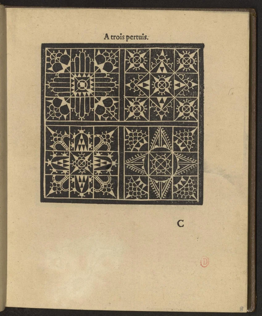 An illustration from Nouveaux pourtraicts de point coupé et dantelles en petite moyenne & grande forme, nouvellement inventez & mis en lumiere, 1598, leaf 14