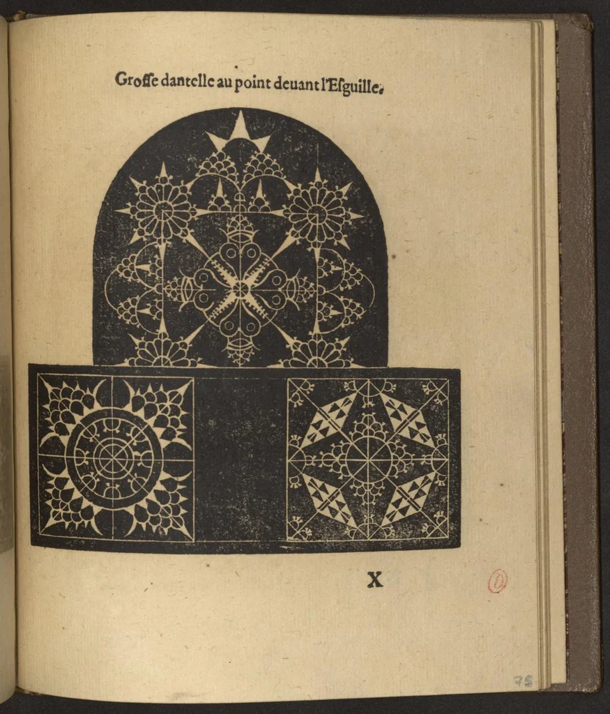 An illustration from Nouveaux pourtraicts de point coupé et dantelles en petite moyenne & grande forme, nouvellement inventez & mis en lumiere, 1598, leaf 86