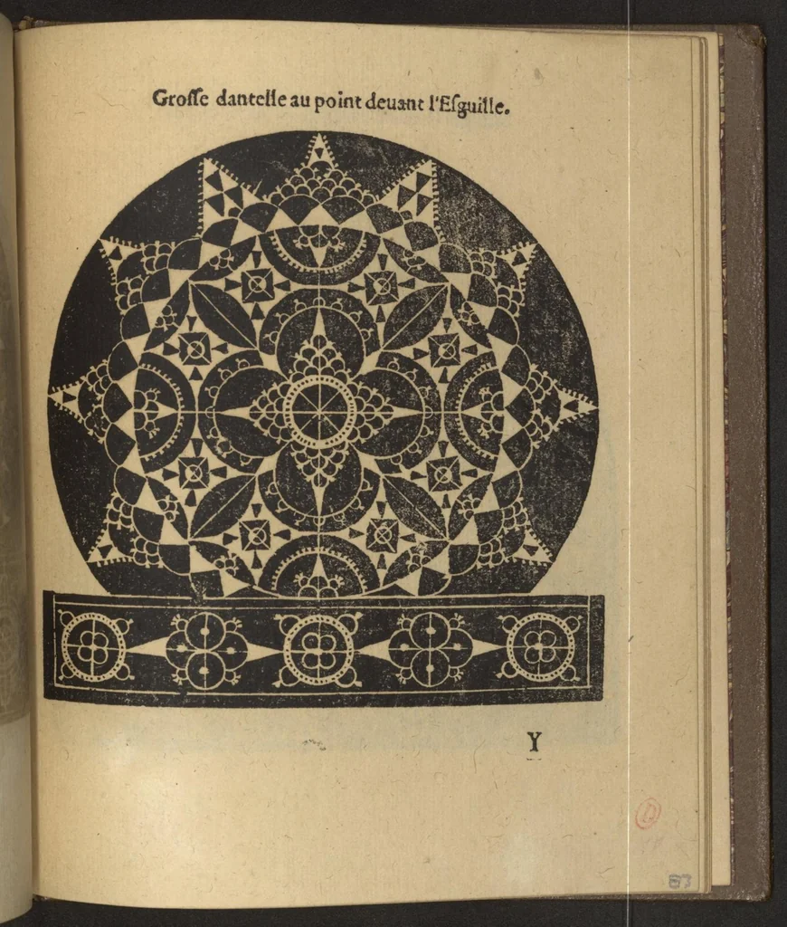 An illustration from Nouveaux pourtraicts de point coupé et dantelles en petite moyenne & grande forme, nouvellement inventez & mis en lumiere, 1598, leaf 90