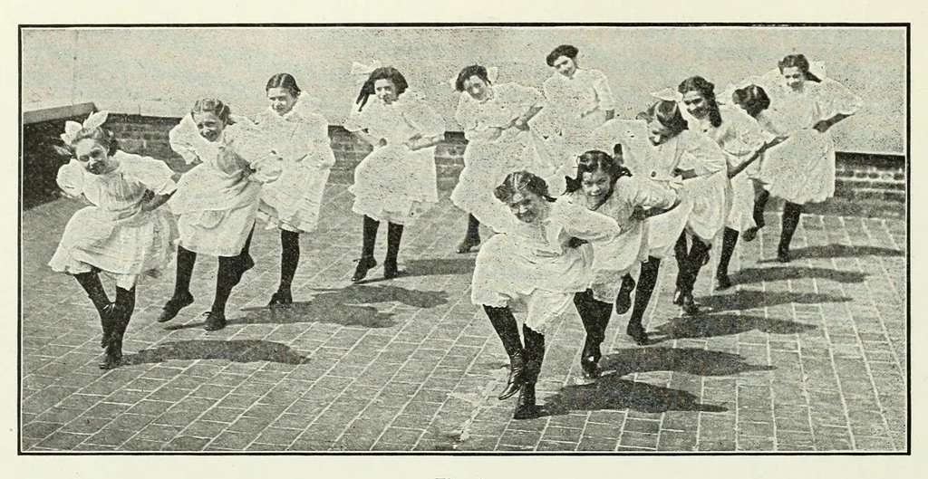 An illustration from Folk-dances and singing games; twenty-six folk-dances of Norway, Sweden, Denmark, Russia, Bohemia, Hungary, Italy, England, Scotland and Ireland, 1909, leaf 100