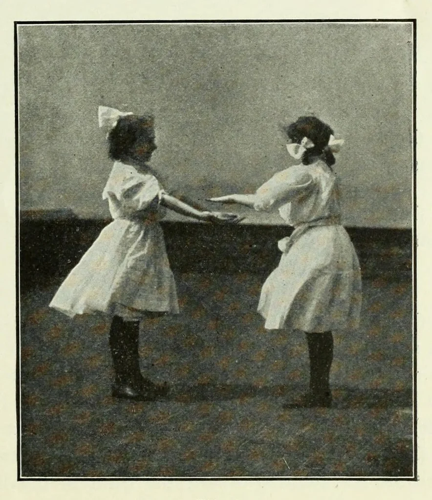 An illustration from Folk-dances and singing games; twenty-six folk-dances of Norway, Sweden, Denmark, Russia, Bohemia, Hungary, Italy, England, Scotland and Ireland, 1909, leaf 27