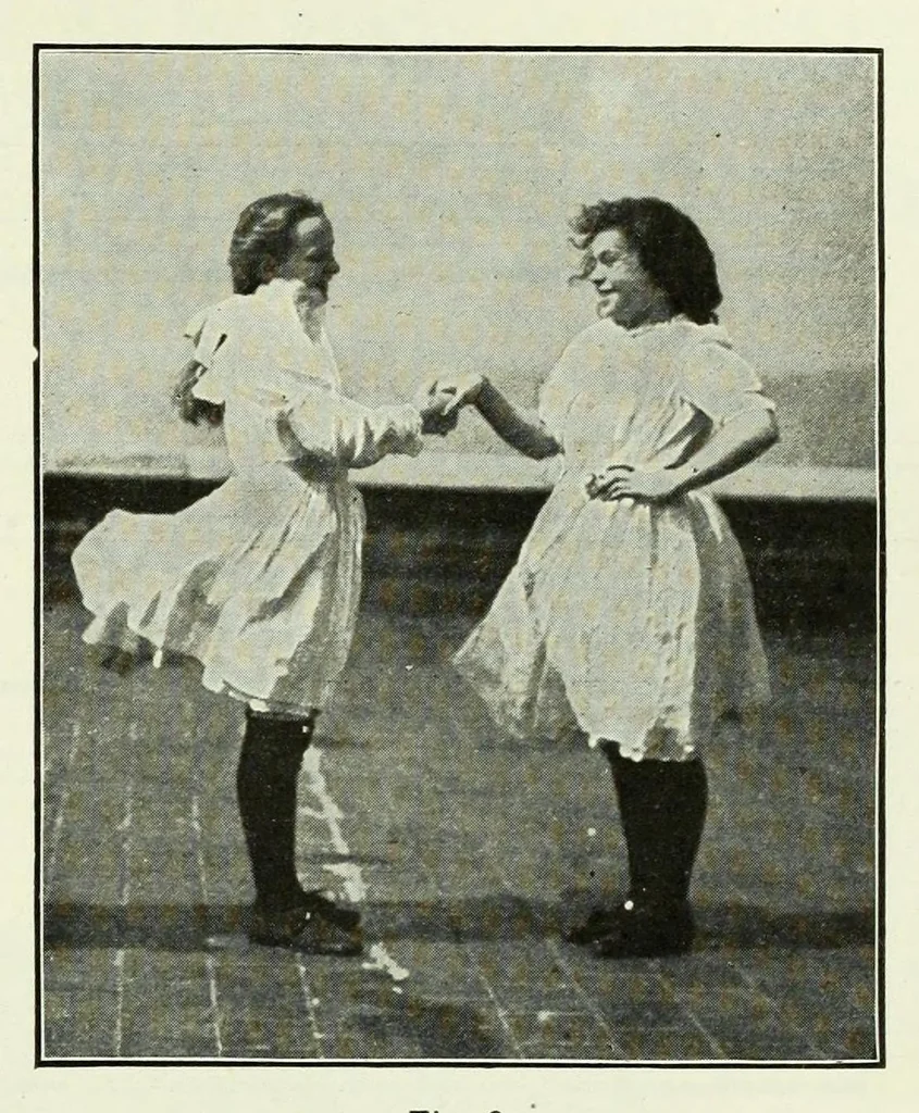An illustration from Folk-dances and singing games; twenty-six folk-dances of Norway, Sweden, Denmark, Russia, Bohemia, Hungary, Italy, England, Scotland and Ireland, 1909, leaf 35