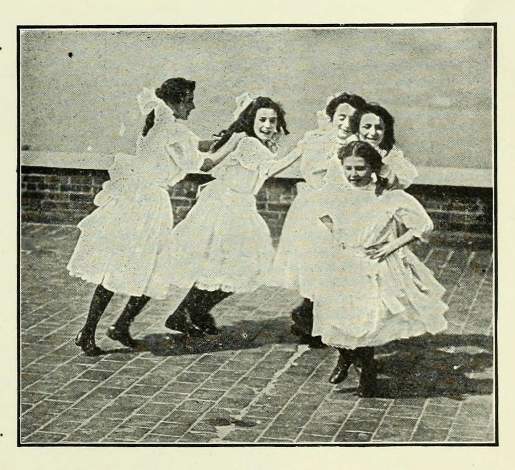 An illustration from Folk-dances and singing games; twenty-six folk-dances of Norway, Sweden, Denmark, Russia, Bohemia, Hungary, Italy, England, Scotland and Ireland, 1909, leaf 47