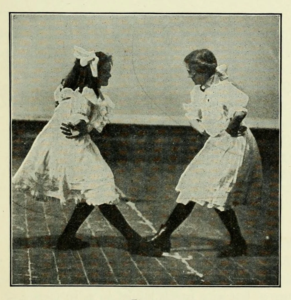 An illustration from Folk-dances and singing games; twenty-six folk-dances of Norway, Sweden, Denmark, Russia, Bohemia, Hungary, Italy, England, Scotland and Ireland, 1909, leaf 51