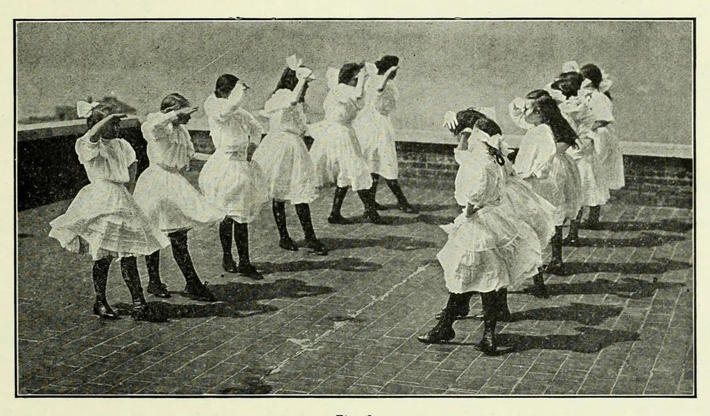 An illustration from Folk-dances and singing games; twenty-six folk-dances of Norway, Sweden, Denmark, Russia, Bohemia, Hungary, Italy, England, Scotland and Ireland, 1909, leaf 59