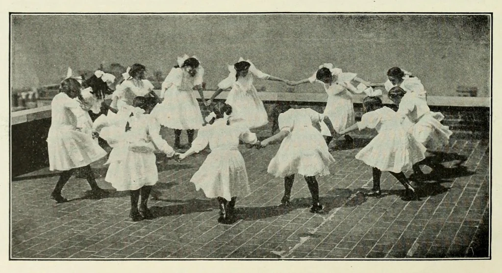 An illustration from Folk-dances and singing games; twenty-six folk-dances of Norway, Sweden, Denmark, Russia, Bohemia, Hungary, Italy, England, Scotland and Ireland, 1909, leaf 88