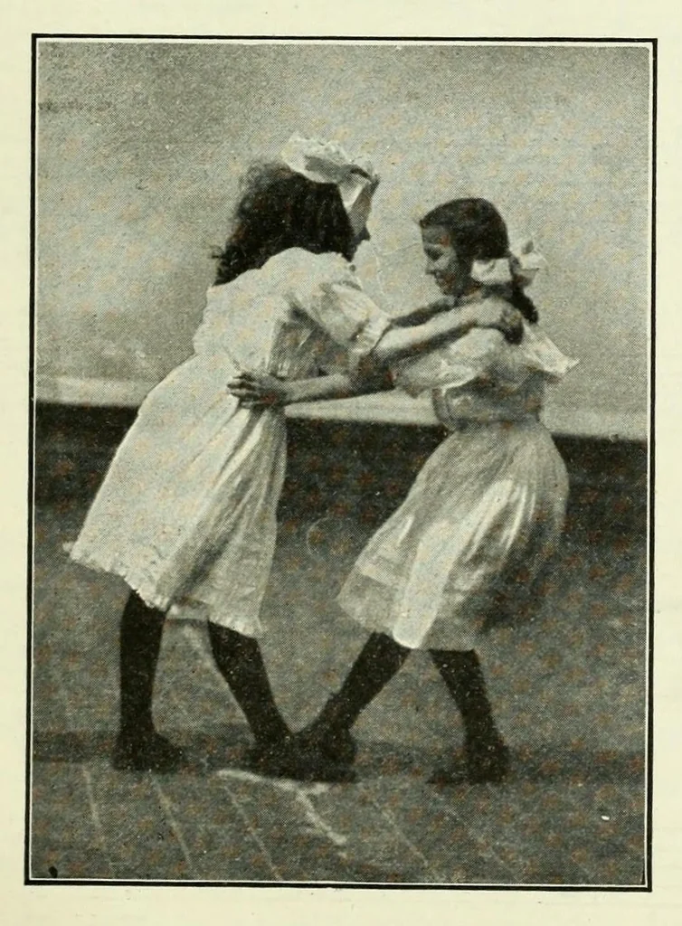 An illustration from Folk-dances and singing games; twenty-six folk-dances of Norway, Sweden, Denmark, Russia, Bohemia, Hungary, Italy, England, Scotland and Ireland, 1909, leaf 95