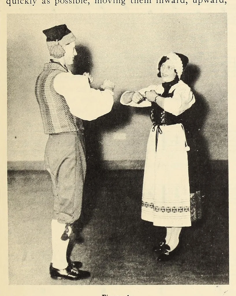 An illustration from Folk-dances and singing games: twentysix folk-dances of Norway, Sweden, Denmark, Russia, Bohemia, Hungary, Italy, England, Scotland and Ireland, with the music, full illustrations;, 1902, leaf 19