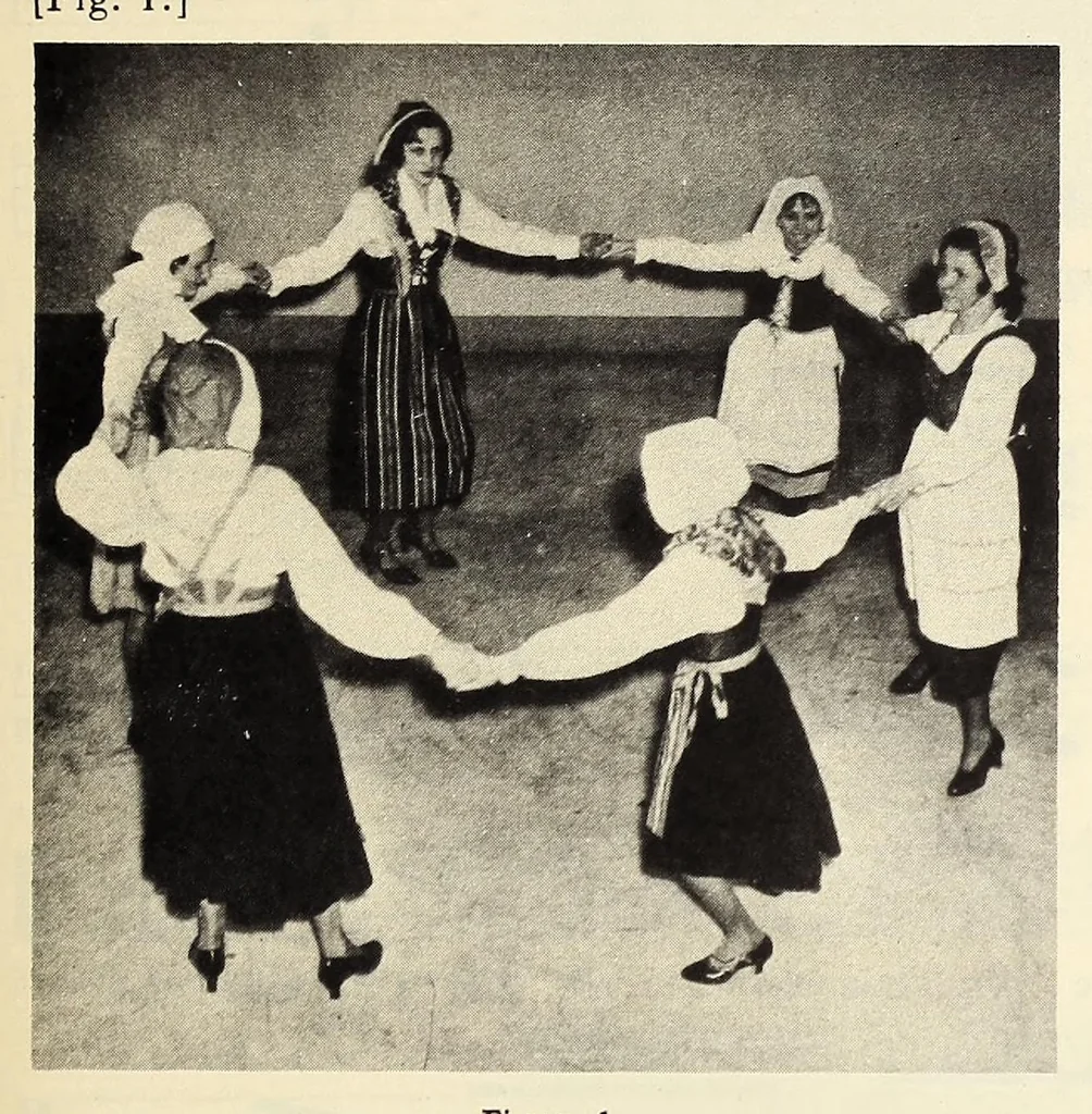 An illustration from Folk-dances and singing games: twentysix folk-dances of Norway, Sweden, Denmark, Russia, Bohemia, Hungary, Italy, England, Scotland and Ireland, with the music, full illustrations;, 1902, leaf 31