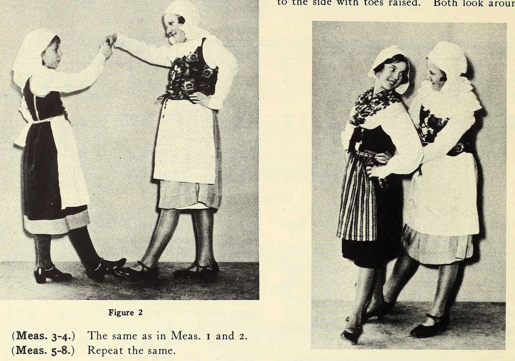 An illustration from Folk-dances and singing games: twentysix folk-dances of Norway, Sweden, Denmark, Russia, Bohemia, Hungary, Italy, England, Scotland and Ireland, with the music, full illustrations;, 1902, leaf 52