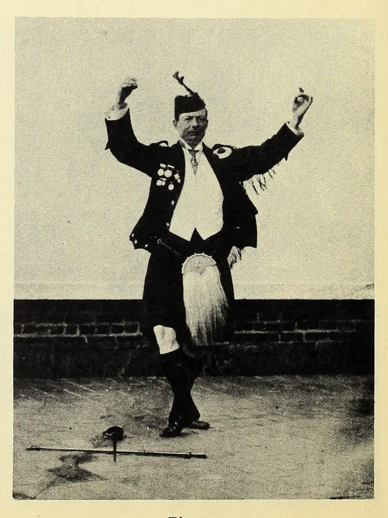 An illustration from Folk-dances and singing games: twentysix folk-dances of Norway, Sweden, Denmark, Russia, Bohemia, Hungary, Italy, England, Scotland and Ireland, with the music, full illustrations;, 1902, leaf 30
