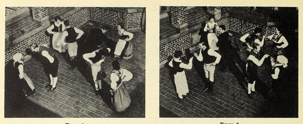 An illustration from Folk-dances and singing games: twentysix folk-dances of Norway, Sweden, Denmark, Russia, Bohemia, Hungary, Italy, England, Scotland and Ireland, with the music, full illustrations;, 1902, leaf 46