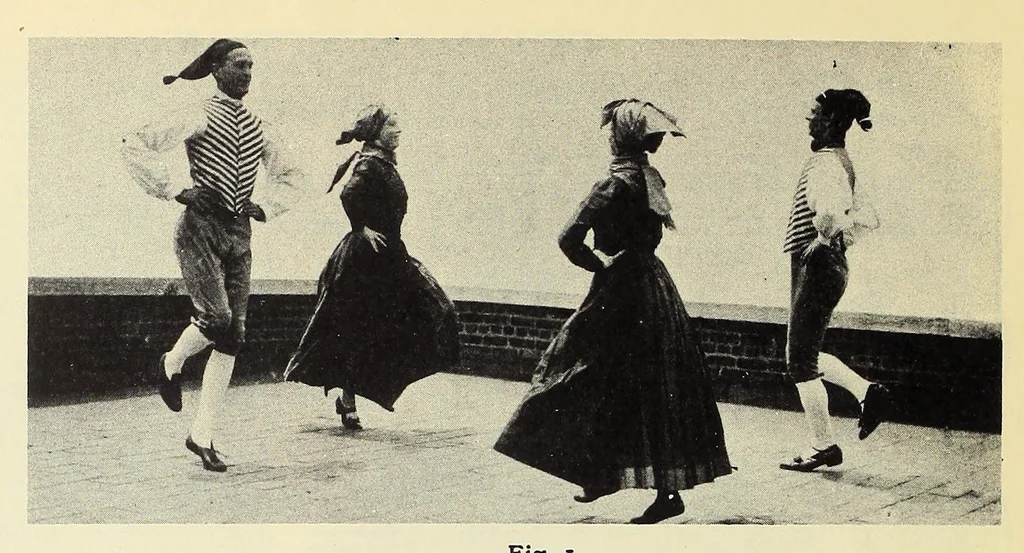 An illustration from Folk-dances and singing games: twentysix folk-dances of Norway, Sweden, Denmark, Russia, Bohemia, Hungary, Italy, England, Scotland and Ireland, with the music, full illustrations;, 1902, leaf 76