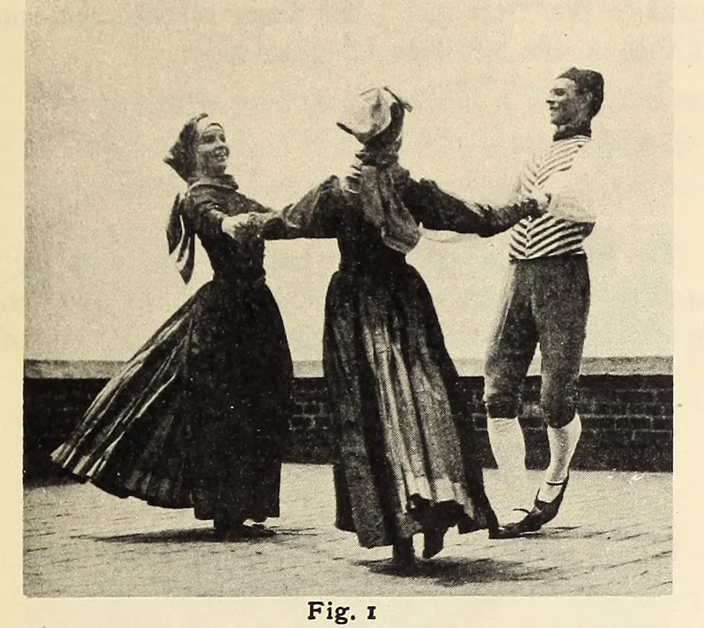 An illustration from Folk-dances and singing games: twentysix folk-dances of Norway, Sweden, Denmark, Russia, Bohemia, Hungary, Italy, England, Scotland and Ireland, with the music, full illustrations;, 1902, leaf 79