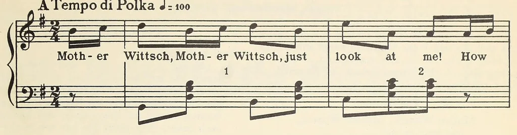 An illustration from Folk-dances and singing games: twentysix folk-dances of Norway, Sweden, Denmark, Russia, Bohemia, Hungary, Italy, England, Scotland and Ireland, with the music, full illustrations;, 1902, leaf 53