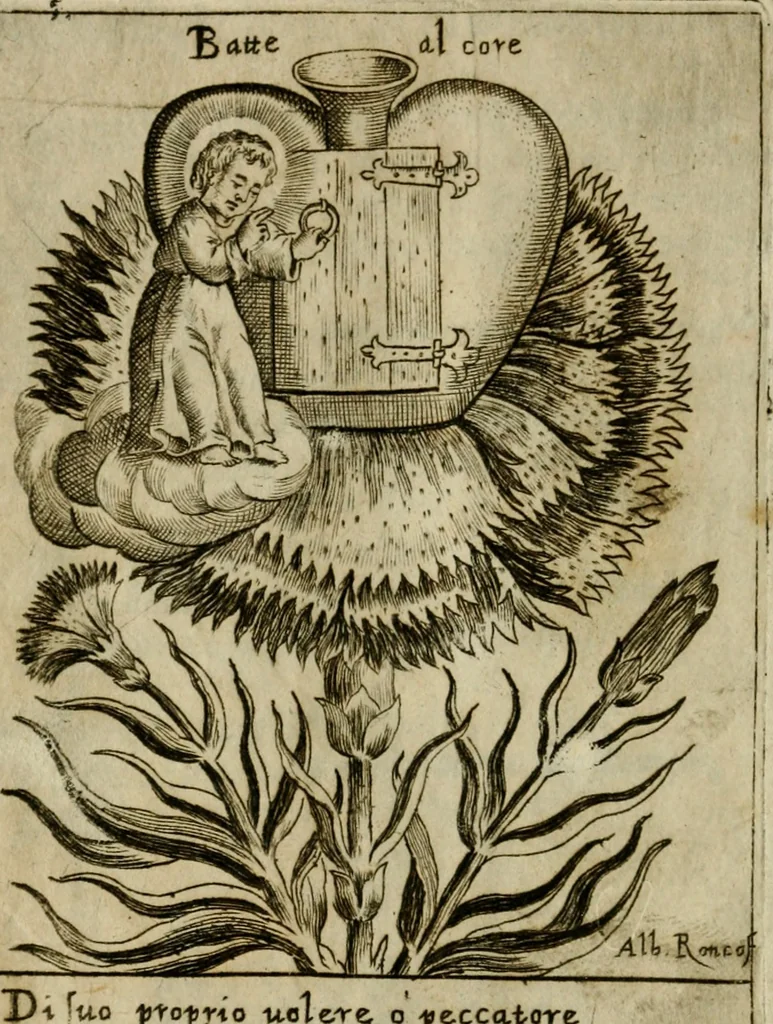 An illustration from Fortezza reale del cuore humano : battuta soauemente, saettata amorosamente, superata gloriosamente, e posseduta & ornata gratiosamente dall' amoroso Giesù : disegnata in figure con alcune brieui ma affettuose meditationi et altri tanti soliloquij, 1628, leaf 27