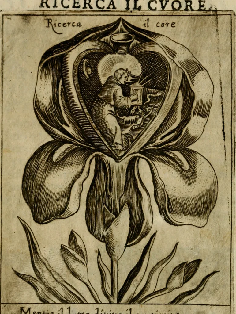 An illustration from Fortezza reale del cuore humano : battuta soauemente, saettata amorosamente, superata gloriosamente, e posseduta & ornata gratiosamente dall' amoroso Giesù : disegnata in figure con alcune brieui ma affettuose meditationi et altri tanti soliloquij, 1628, leaf 33