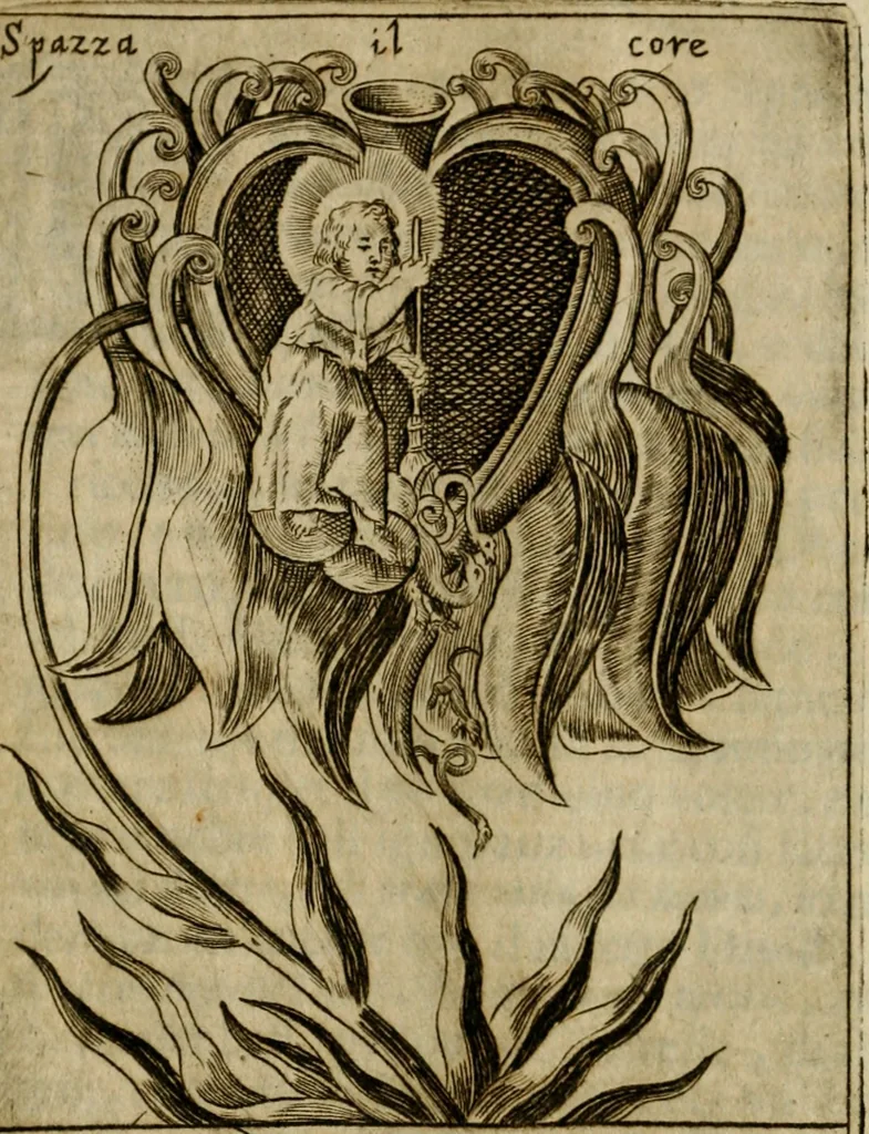 An illustration from Fortezza reale del cuore humano : battuta soauemente, saettata amorosamente, superata gloriosamente, e posseduta & ornata gratiosamente dall' amoroso Giesù : disegnata in figure con alcune brieui ma affettuose meditationi et altri tanti soliloquij, 1628, leaf 39