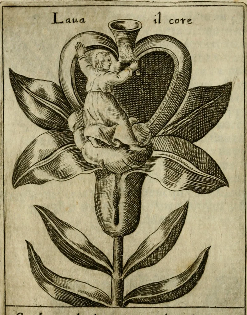 An illustration from Fortezza reale del cuore humano : battuta soauemente, saettata amorosamente, superata gloriosamente, e posseduta & ornata gratiosamente dall' amoroso Giesù : disegnata in figure con alcune brieui ma affettuose meditationi et altri tanti soliloquij, 1628, leaf 45