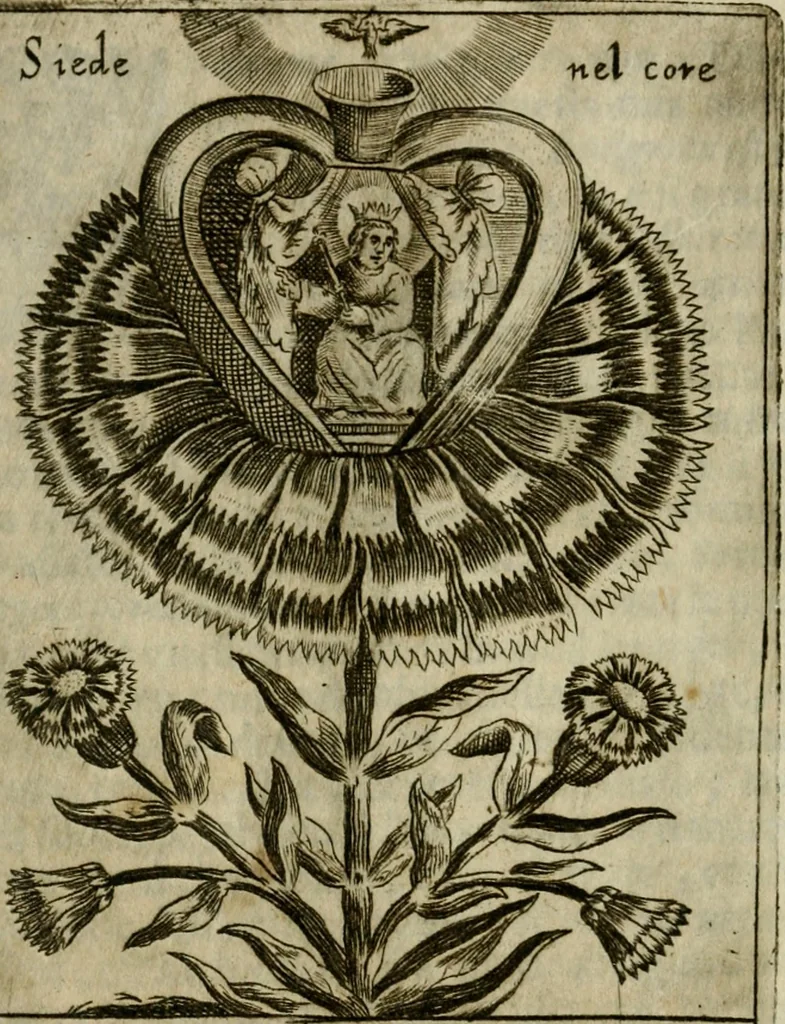 An illustration from Fortezza reale del cuore humano : battuta soauemente, saettata amorosamente, superata gloriosamente, e posseduta & ornata gratiosamente dall' amoroso Giesù : disegnata in figure con alcune brieui ma affettuose meditationi et altri tanti soliloquij, 1628, leaf 51