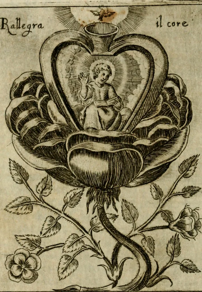 An illustration from Fortezza reale del cuore humano : battuta soauemente, saettata amorosamente, superata gloriosamente, e posseduta & ornata gratiosamente dall' amoroso Giesù : disegnata in figure con alcune brieui ma affettuose meditationi et altri tanti soliloquij, 1628, leaf 57