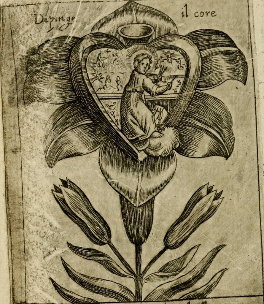 An illustration from Fortezza reale del cuore humano : battuta soauemente, saettata amorosamente, superata gloriosamente, e posseduta & ornata gratiosamente dall' amoroso Giesù : disegnata in figure con alcune brieui ma affettuose meditationi et altri tanti soliloquij, 1628, leaf 65