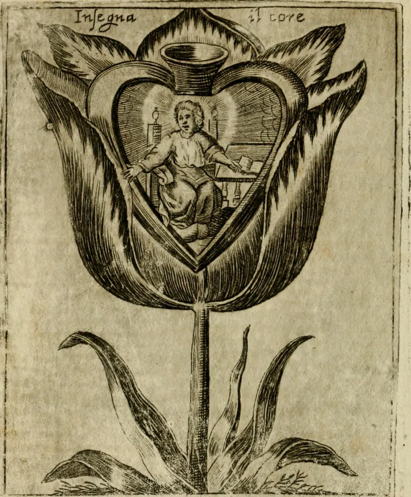 An illustration from Fortezza reale del cuore humano : battuta soauemente, saettata amorosamente, superata gloriosamente, e posseduta & ornata gratiosamente dall' amoroso Giesù : disegnata in figure con alcune brieui ma affettuose meditationi et altri tanti soliloquij, 1628, leaf 73