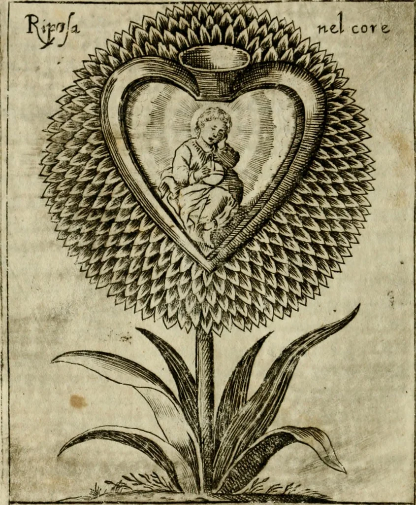 An illustration from Fortezza reale del cuore humano : battuta soauemente, saettata amorosamente, superata gloriosamente, e posseduta & ornata gratiosamente dall' amoroso Giesù : disegnata in figure con alcune brieui ma affettuose meditationi et altri tanti soliloquij, 1628, leaf 81
