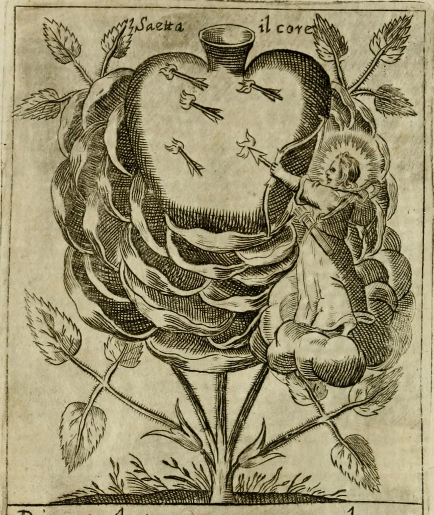 An illustration from Fortezza reale del cuore humano : battuta soauemente, saettata amorosamente, superata gloriosamente, e posseduta & ornata gratiosamente dall' amoroso Giesù : disegnata in figure con alcune brieui ma affettuose meditationi et altri tanti soliloquij, 1628, leaf 89