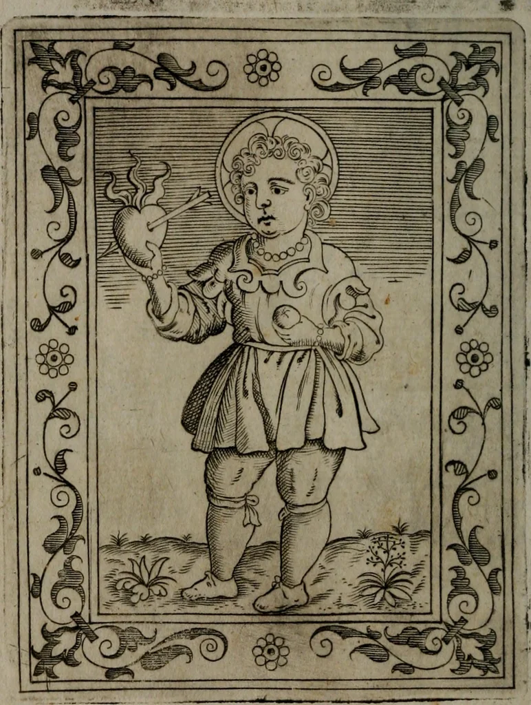 An illustration from Fortezza reale del cuore humano : battuta soauemente, saettata amorosamente, superata gloriosamente, e posseduta & ornata gratiosamente dall' amoroso Giesù : disegnata in figure con alcune brieui ma affettuose meditationi et altri tanti soliloquij, 1628, leaf 105