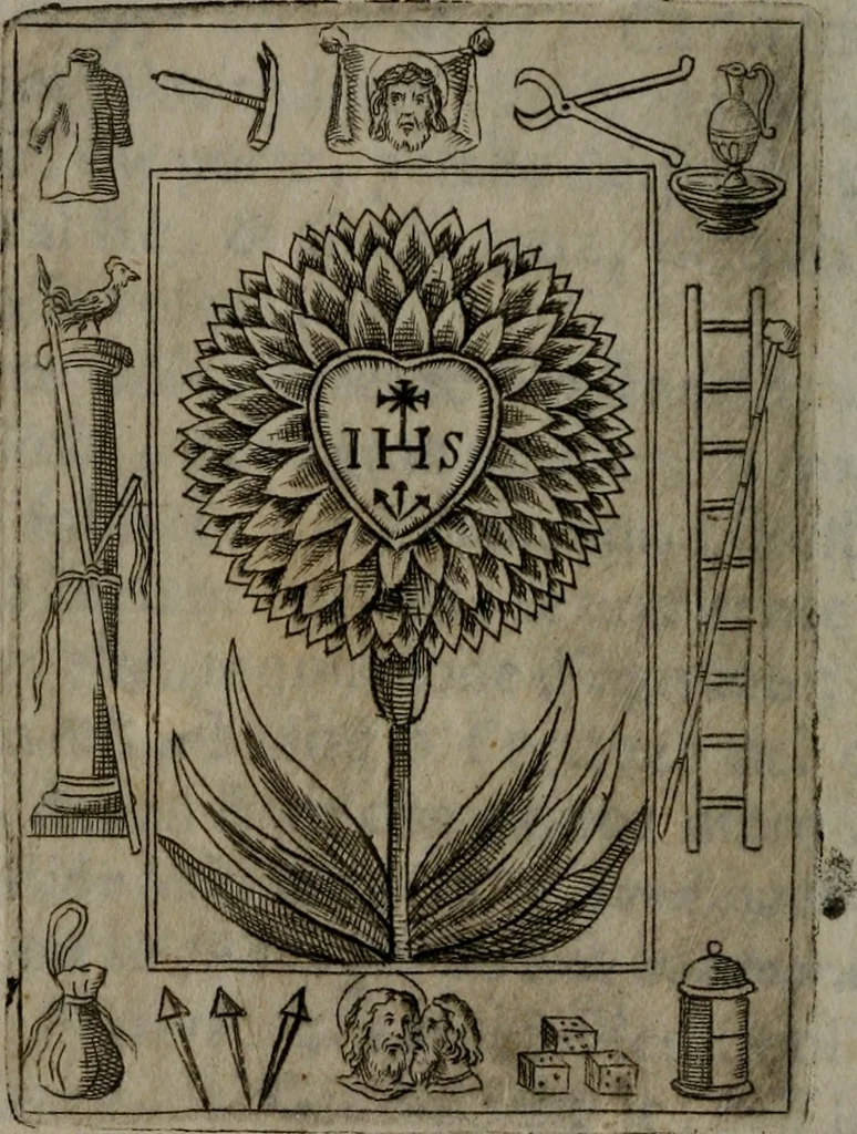 An illustration from Fortezza reale del cuore humano : battuta soauemente, saettata amorosamente, superata gloriosamente, e posseduta & ornata gratiosamente dall' amoroso Giesù : disegnata in figure con alcune brieui ma affettuose meditationi et altri tanti soliloquij, 1628, leaf 13