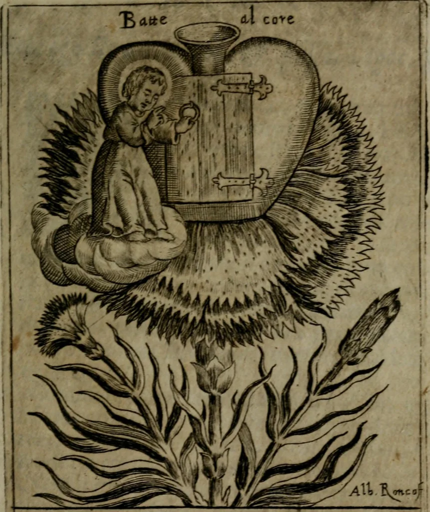 An illustration from Fortezza reale del cuore humano : battuta soauemente, saettata amorosamente, superata gloriosamente, e posseduta & ornata gratiosamente dall' amoroso Giesù : disegnata in figure con alcune brieui ma affettuose meditationi et altri tanti soliloquij, 1628, leaf 24