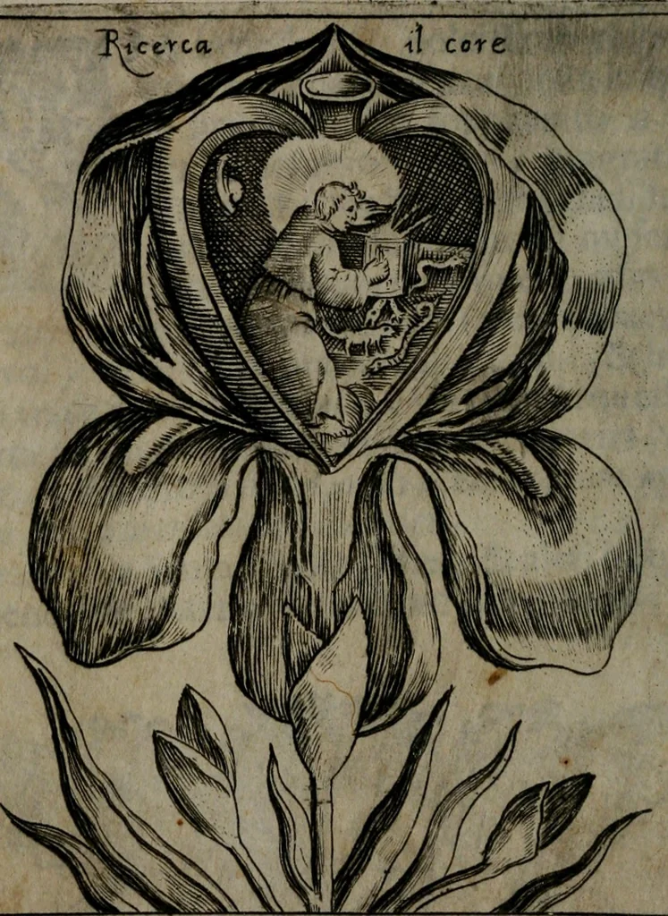 An illustration from Fortezza reale del cuore humano : battuta soauemente, saettata amorosamente, superata gloriosamente, e posseduta & ornata gratiosamente dall' amoroso Giesù : disegnata in figure con alcune brieui ma affettuose meditationi et altri tanti soliloquij, 1628, leaf 31