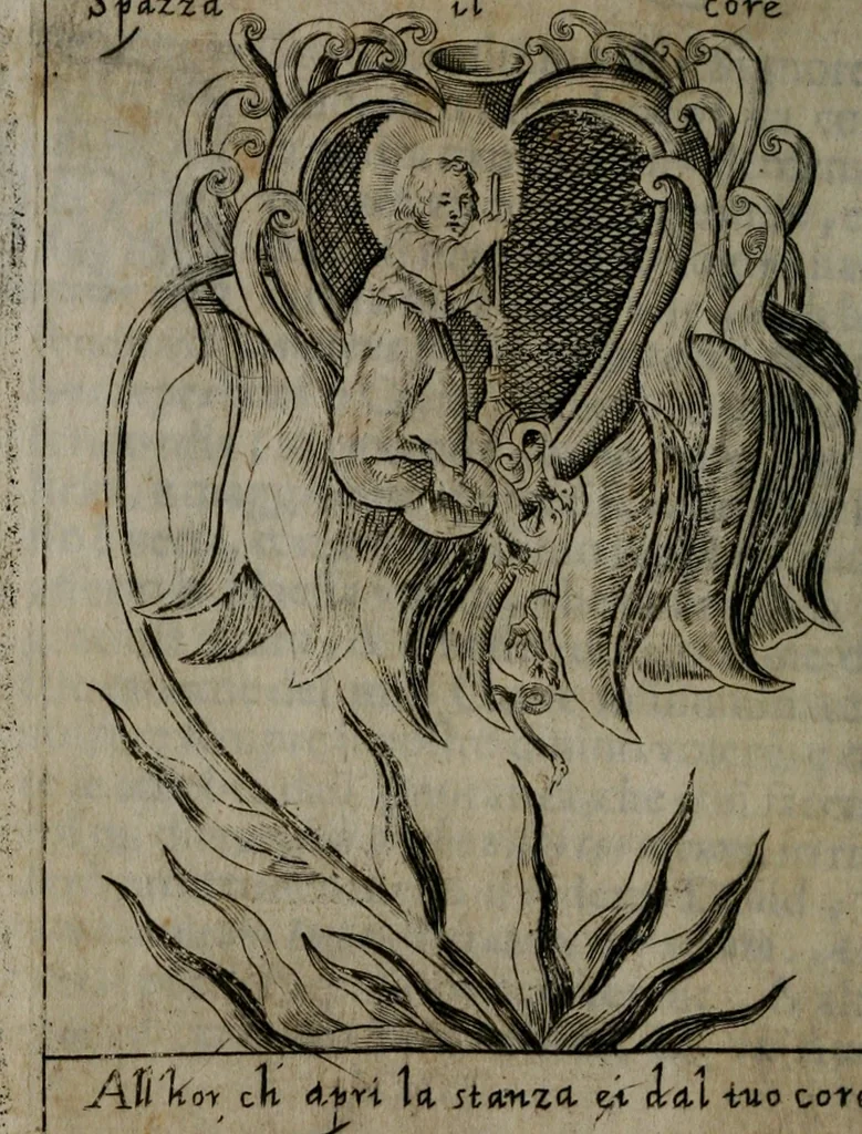 An illustration from Fortezza reale del cuore humano : battuta soauemente, saettata amorosamente, superata gloriosamente, e posseduta & ornata gratiosamente dall' amoroso Giesù : disegnata in figure con alcune brieui ma affettuose meditationi et altri tanti soliloquij, 1628, leaf 37