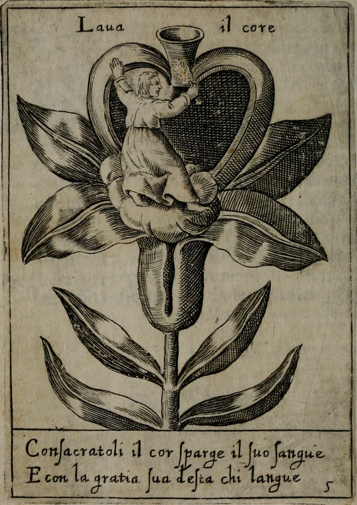 An illustration from Fortezza reale del cuore humano : battuta soauemente, saettata amorosamente, superata gloriosamente, e posseduta & ornata gratiosamente dall' amoroso Giesù : disegnata in figure con alcune brieui ma affettuose meditationi et altri tanti soliloquij, 1628, leaf 43