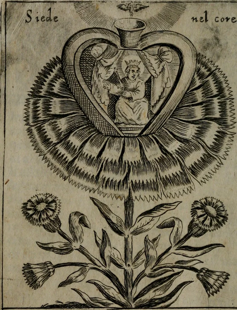 An illustration from Fortezza reale del cuore humano : battuta soauemente, saettata amorosamente, superata gloriosamente, e posseduta & ornata gratiosamente dall' amoroso Giesù : disegnata in figure con alcune brieui ma affettuose meditationi et altri tanti soliloquij, 1628, leaf 49