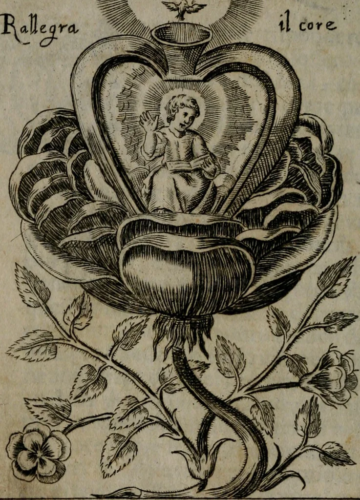 An illustration from Fortezza reale del cuore humano : battuta soauemente, saettata amorosamente, superata gloriosamente, e posseduta & ornata gratiosamente dall' amoroso Giesù : disegnata in figure con alcune brieui ma affettuose meditationi et altri tanti soliloquij, 1628, leaf 55